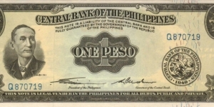 P-133a Central Bank of the Philippines English Series 1 Peso Genuine note, Prefix Q/ Banknote