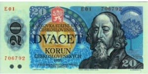 20 Korun  
1988. Blue and multicolor. Jan Ámos Komensky at right, circular design with open book at left. Series prefix: E, H. Back: Alphabet at left, Tree of life growing from book at center, young couple at right. Printer: STC-Prague.
 Banknote