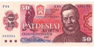 50 Korun  
1987. Brown-violet and blue on red and orange underprint. Ludovít Stúr at right, shield and spotted eagle at right. Back: Bratislava castle and town view. Printer: STC-Prague.
a. Series prefix: F.
 Banknote