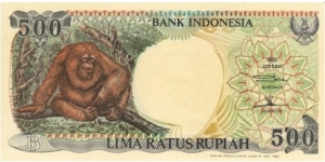 500 Rupiah 
1992-99. Brown and green on multicolor underprint. Orangutan resting on limb at left. Arms at upper right area. Back: Native huts at E. Kalimantan at right. Watermark: H. O. S. Cokroaminoto. Printer: Perum Percetakan Uang. UV: fibers fluoresce yellow and red.
 Banknote
