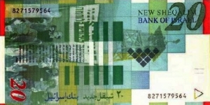 20 New Sheqalim  
1998; 2001. Dark green on multicolor underprint. Moshe Sharett at bottom, flags in background. Vertical format. Back: Scenes of his life and work.
 Banknote