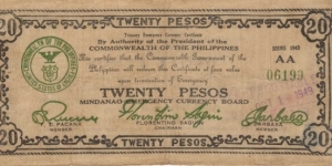 S-509 Mindanao Emergency Currency Board 20 Pesos note stamped Non-Negotiable and signed by city manager. Banknote