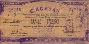 S-186 Cagayan 1 Peso note with extra eagle print on right side of note. Banknote