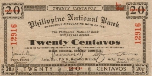 S-622a Philippine National Bank Negros Occidental 20 Centavos note. Banknote