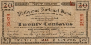 S-622x Philippine National Bank Negros Occidental 20 Centavos note with Philippine misspelled in the heading, first s in issue on reverse offset. Banknote