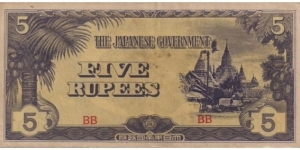 5 Rupees. 
It's Japanese Invasion Money (JIM). This was printed by Japan for use in The Philippines, Malaya (not Malaysia), Burma, and Oceania during World War II (and presumably beyond) as part of the so called Co-Prosperity Sphere. Enormous quantities of these notes were printed and most of them are worth very little. However, they have an interesting history. Some have various overprints on them. Burma: rupees/cents (block letters starting with 