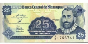 25 Centavos  
ND (1991). Blue on pale green and multicolor underprint. F. H. Córdoba at right. 2 signature varieties. Back: Arms at left, flower at right. Printer: Harrison. UV: fibers and value 25 fluoresce yellow
 Banknote