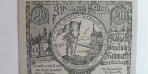 Austrian notgeld. Year: 1920. Value: 20 heller.  Banknote