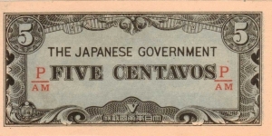PI-103 Philippine 5 centavos note under Japan rule, fractional block letters P/AM Banknote