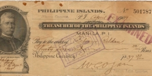 Treasurer of the Philippine Islands General Lawton Check. Banknote