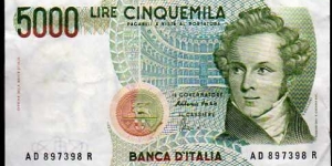 5.000 Lire__pk# 111 c__04.01.1985__sign. Fazio-Amici__serial AD 897398 R Banknote