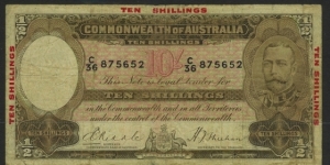 1934 10 Shilling Note with Ridle & Sheehan signatures. Overprinted with 