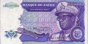  200000 Zaïres Joseph Désiré Mobutu Sese Seko; leopard; civic building with fountain in front of it Banknote