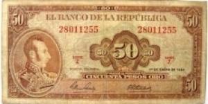COLOMBIA BANKNOTE 

 50 PESOS

YEAR: 1964

PICK : P 402

CONDITION-CIRCULATED V/F

DATE:-1 DE ENERO DE 1964

CAT 221

PRICE: SALE
 Banknote