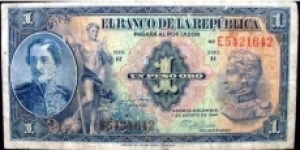 COLOMBIA BANKNOTE 

1 PESO ORO

BANCO DE LA REPUBLICA

YEAR: 1942

PICK-380c

CONDITION: CIRCULATED 

DATE: 20 DE JULIO DE 1942

SERIE R No. 60616242

CAT:204

SPECIAL SALE
 Banknote