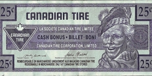 Canada 1992 25 Cents.

Canadian Tire's 'Tyre Money'. Banknote