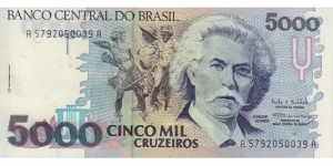 Brazil 5000 Cruzeiros 1990-1993 P232. C. Gomes at center right, Brazilian youths at center. Statue of Gomes seated, grand piano in background at center on back. Banknote