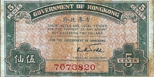Hong Kong N.D. 5 Cents.

This note reminds me of the Zimbabwean 5 Cents Bearer Cheque. Banknote
