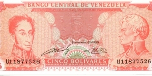 P70b - 5 Bolivares - 21.09.1989 - 8 digit serial Banknote