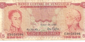 P50a - 5 Bolivares - 24.09.1968 Banknote