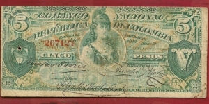 COLOMBIA 5 Pesos Banco Nacional 1886 SOLD  Banknote
