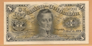 COLOMBIA 1 Peso Republica de Colombia 1904 - UNC SOLD Banknote