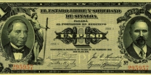 1 Peso : El Estado Libre Y Soberano De Sinaloa Banknote