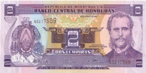 Honduras 2Lempiras 2003 UNC Front: Marco Aurelio Soto Honduras 2Lempiras 2003 Back: Island, and Port of Amapala Banknote