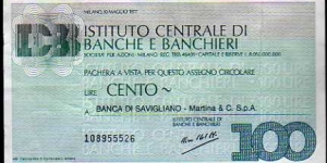 *Emergency Notes_ Local Mini-Check*__
100 Lire__
pk# NL__
Istituto Centrale di Banche e Banchieri__Banca di Savigliano__
10.05.1977 Banknote
