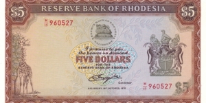 Rhodesia P32b (5 dollars 20/10-1978)
(The note is UNC but a cut in the down left corner reduces the value. However it's a nice note.) Banknote