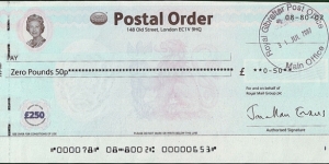 Gibraltar 2007 50 Pence postal order.

Issued at the Royal Gibraltar Post Office's Main Office (Gibraltar). Banknote