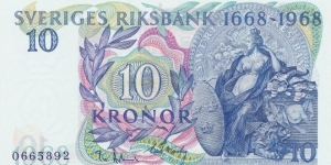 Sweden 10 kronor 1968 300th Anniversary of Sveriges Riksbank (1668-1968) Commemorative Issue Banknote