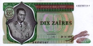 Zaire -  10 Zaires,
24-6-1979 BANQUE du ZAIRE  Banknote