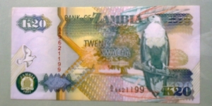 20 Kwacha, Bank of Zambia;
Fish eagle / State House (President's palace, Lusaka), Liberty monument (Lusaka) Banknote