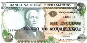 overprinted with Banco de Moçambique in 1976 Banknote