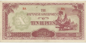 JapaneseOcpBN 10 Rupees 1942-44 (Burma) Banknote
