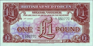 British Armed Forces N.D. 1 Pound.

Series III.

'E/1' serial number prefix.

Faultily printed serial numbers. Banknote