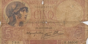 5 Francs -13Ju1939 Banknote