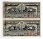 20 Centavos Uncut Pair Banco Espanol de la Isle de Cuba Banknote