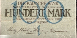 100 Marks
Badische Bank Mannheim  Banknote