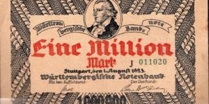 1 Million Marks Wurttembergische Notenbank 
Stuttgart  Banknote