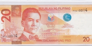 Philippines NGC 20 Pesos RADAR serial 2012

serial:PX410014

O: Manuel L. Quezon
R: Banaue Rice Terraces, Palm Civet Banknote