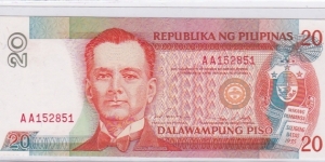 Philippines 20 Pesos NDS Red serial, AA prefix, Ramos - Singson sig com Banknote