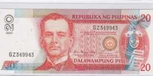 Philippines 20 Pesos NDS
Arroyo - Buenaventura sig com,
RADAR serial: GZ349943 Banknote