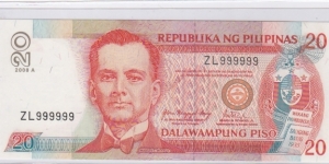 Philippines 20 Pesos NDS 2008A SOLID serial ZL999999
Arroyo - Tetangco Banknote