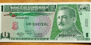 Guatemala | 
1 Quetzal, 1991 | 

Obverse: General José María Orellana, President 1921-1926, who created the Quetzal currency, and Resplendent Quetzal bird | 
Reverse: Leyden Plate, and Bank of Gatemala building | Banknote
