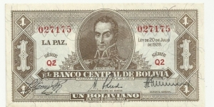 Bolivia 1 Boliviano 1928 Banknote