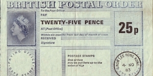 Hong Kong 1983 25 Pence postal order.

Issued at Shun Lee. Banknote
