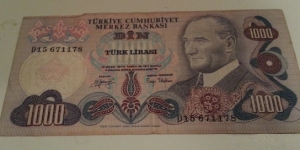 P191 1000 Lira 1970 circulated note, judge condition by photo.serial D15671178 Banknote