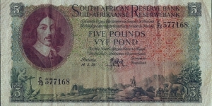 South Africa 1959 5 Pounds.

'English on Top' type. Banknote